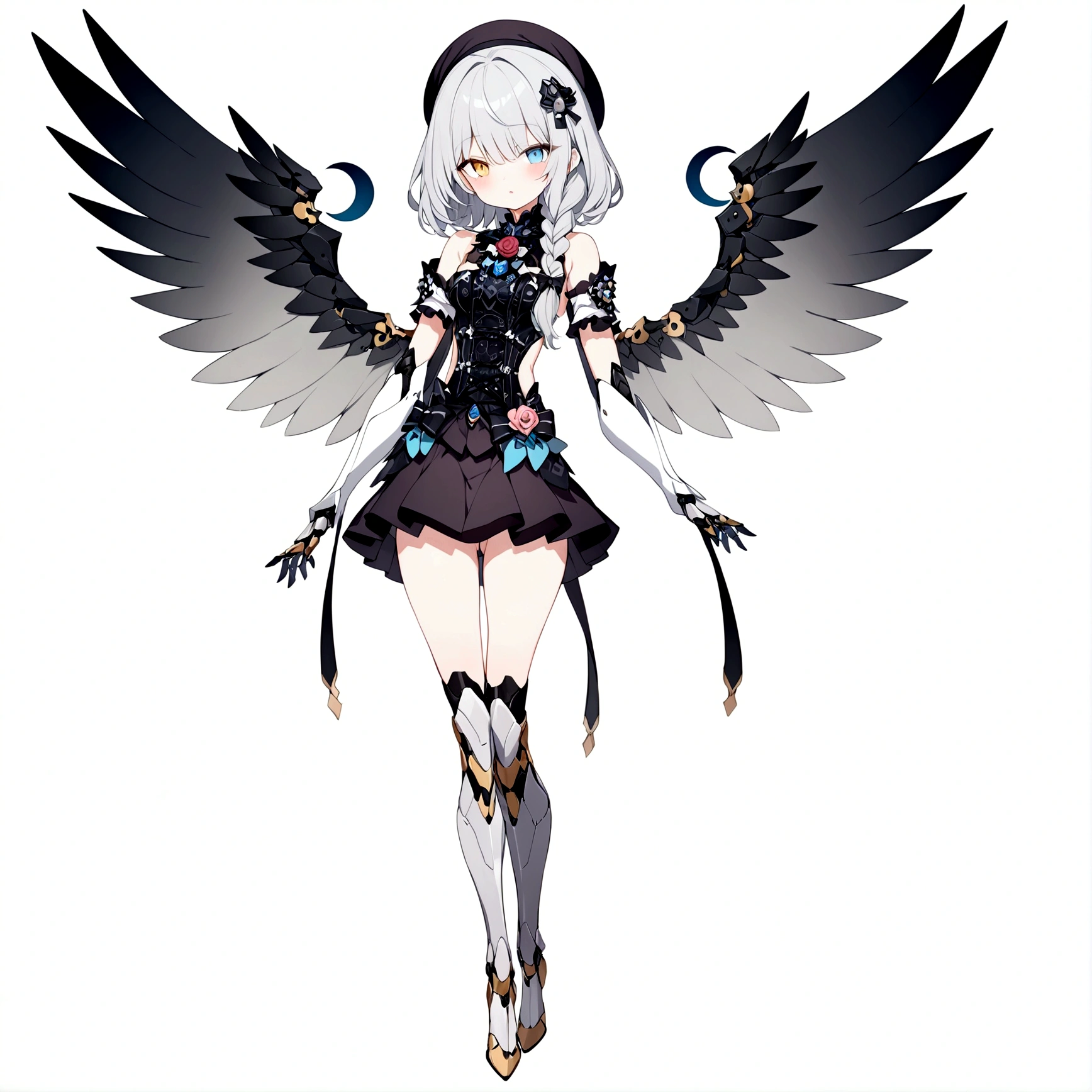 woman 160 cm tall, slim build, . (character design sheet: front view). (Short Wavy Gray Shoulder Length Hair, He has a short braid on the left side of his chest hair. He has large open bangs on the left side of his hair., She has a half-moon barrette on the right side of her hair.). He has an elegant black French beret that has an intricate blue emblem. (heterochromia: Green right eye and yellow left eye.). Intricate One Piece Low Waist Thigh Length Dress, He has an elegant black belt on his hip. He has a huge and complex rose brooch in the middle of his chest. It has intricate stilettos. (It has complex mechanical legs that reach up to the thighs.: black with small gray details and metallic finish.). (It has complex mechanical arms up to the elbow and are black with small gray details with a metallic finish..). He has complex mechanical angel wings on his back that are light blue and white with black patterns.. Beautiful extremely detailed wings.. beautiful detailed hair, beautiful detailed dress. extremely detailed arms. extremely detailed face, small face, Beautiful detailed eyes, beautiful detailed lips. adorable. extremely detailed legs. (Best Quality, 4k, 8k, high resolution), ultra detailed, Exquisite and epic character art.