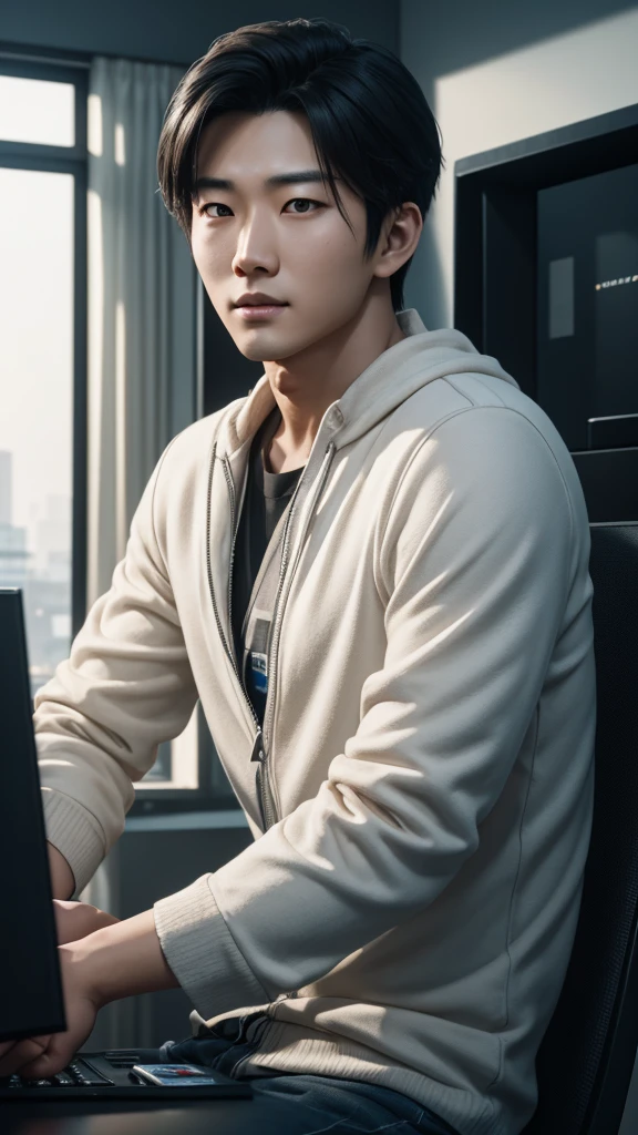 asian/korean handsome young man photography, computer in background, realistic, unreal machine, octane render, bokeh, vray, houdini render, quixel megascan, depth of field (or dof), arnold render, 8k uhd, raytracing, cgi, reflections  lumen, cgsociety, ultra realistic, natural features, daylight --q 1 --s 250