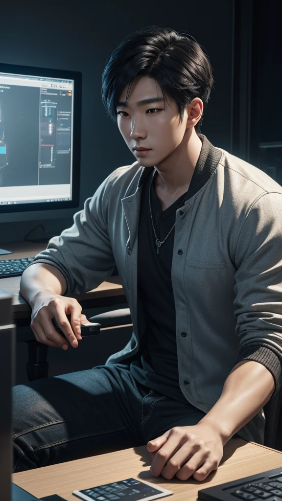 asian/korean handsome young man photography, computer in background, realistic, unreal machine, octane render, bokeh, vray, houdini render, quixel megascan, depth of field (or dof), arnold render, 8k uhd, raytracing, cgi, reflections lumen, cgsociety, ultra realistic, natural features, daylight --q 1 --s 250