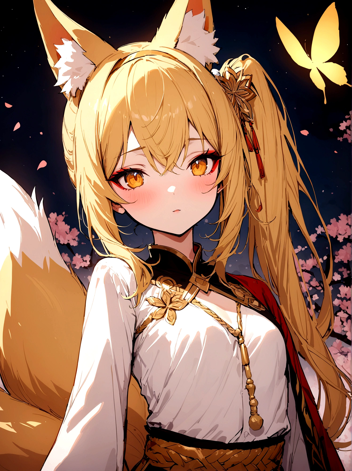 (masterpiece, best quality) junior,detailed, (beautiful,small breasts), blonde,long hair, side ponytail(gold butterfly hairband), elegant, (fox ears),nine tailed fox tail, red eyeshadow, golden eyes, femur,漏出femur, white shirt,shaman uniform,cherry blossom background,girl,NIGHT