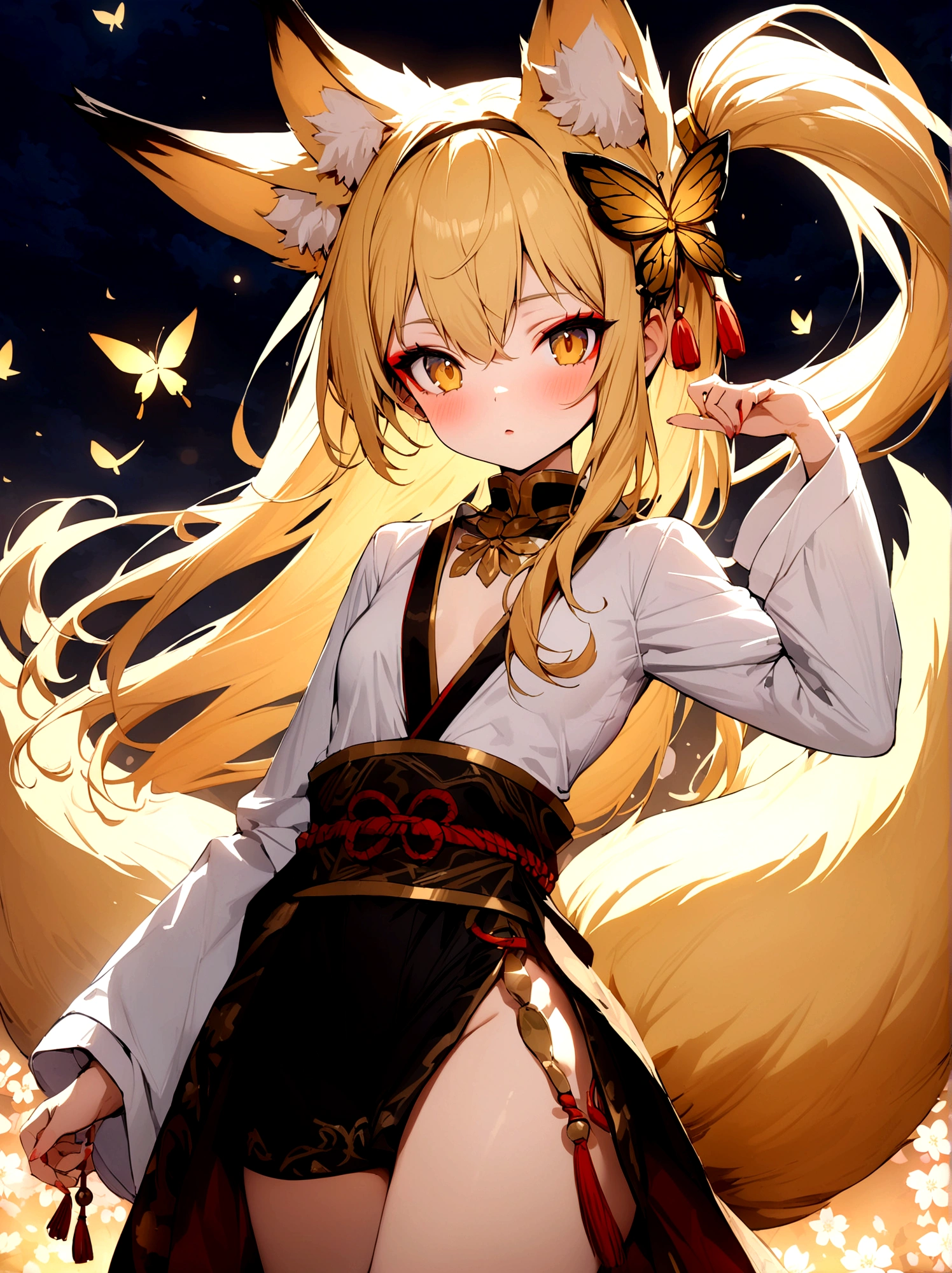 (masterpiece, best quality) junior,detailed, (beautiful,small breasts), blonde,long hair, side ponytail(gold butterfly hairband), elegant, (fox ears),nine tailed fox tail, red eyeshadow, golden eyes, femur，漏出femur, white shirt,shaman uniform,cherry blossom background,girl,NIGHT