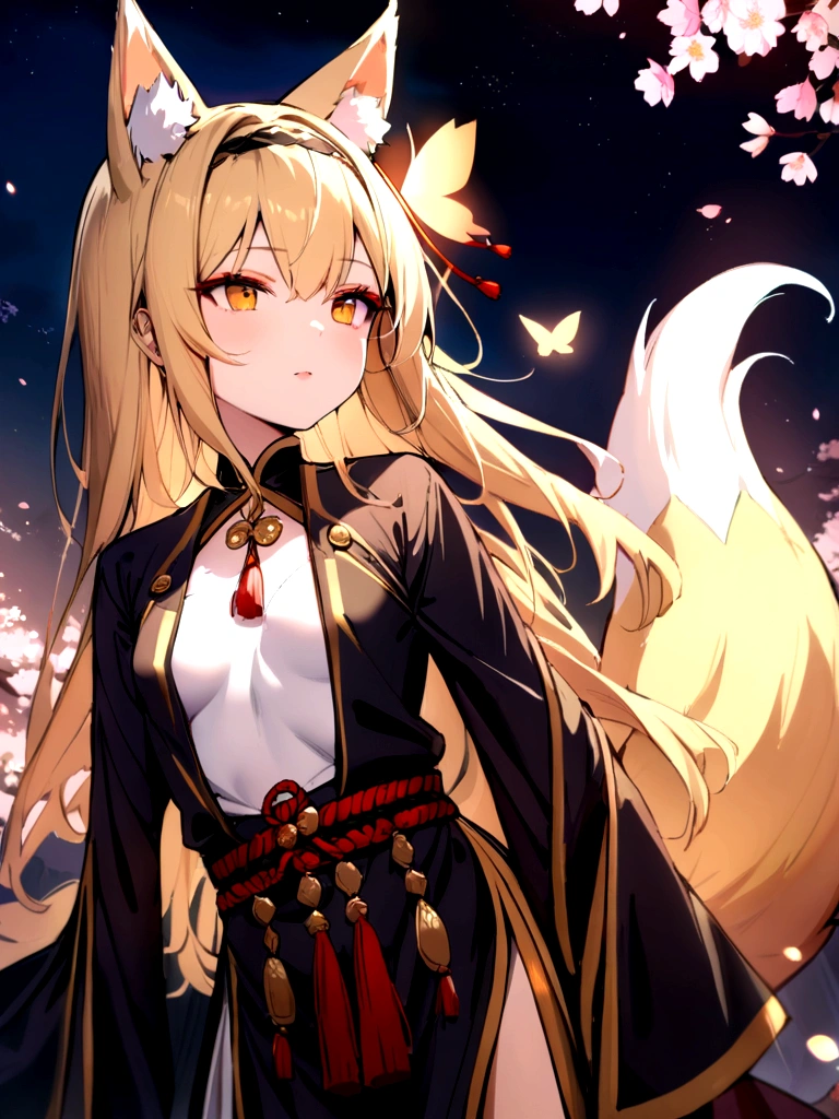(masterpiece, best quality) junior,detailed, (beautiful,small breasts), blonde,long hair, side ponytail(gold butterfly hairband), elegant, (fox ears),nine tailed fox tail, red eyeshadow, golden eyes, femur,漏出femur, white shirt,shaman uniform,cherry blossom background,girl,NIGHT