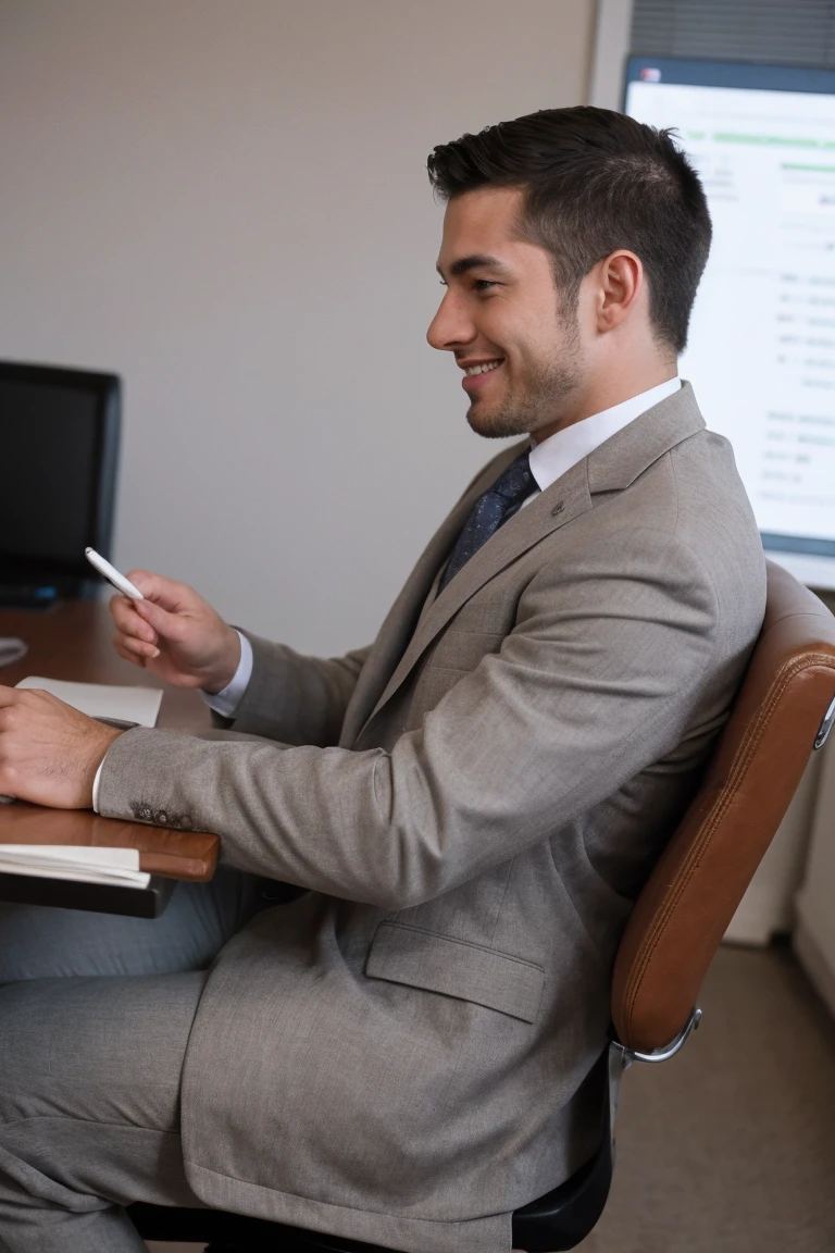 side view of a young, smiling man, analyzing a financial statement, sitting on a chair at his desk, wearing a suit, formal corporate fashion