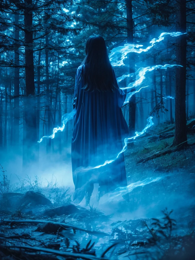Blue Flame、ghost、Dark Forest、night、深night、Red eyes、Apparition、mysterious、lake、Foggy、turn around、spirit、Illusion、woman、turn around、Hair fluttering in the wind、