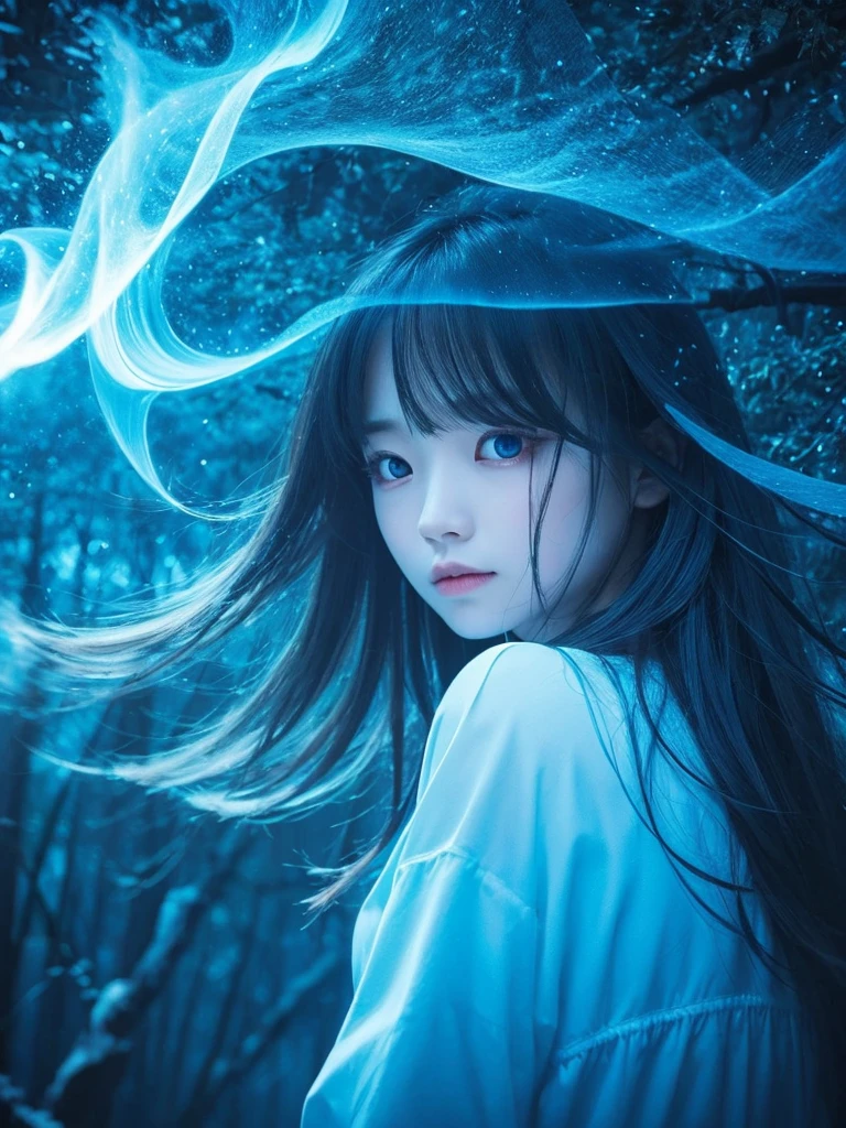 Blue Flame、ghost、Dark Forest、night、深night、Red eyes、Apparition、mysterious、lake、Foggy、turn around、spirit、Illusion、woman、turn around、Hair fluttering in the wind、