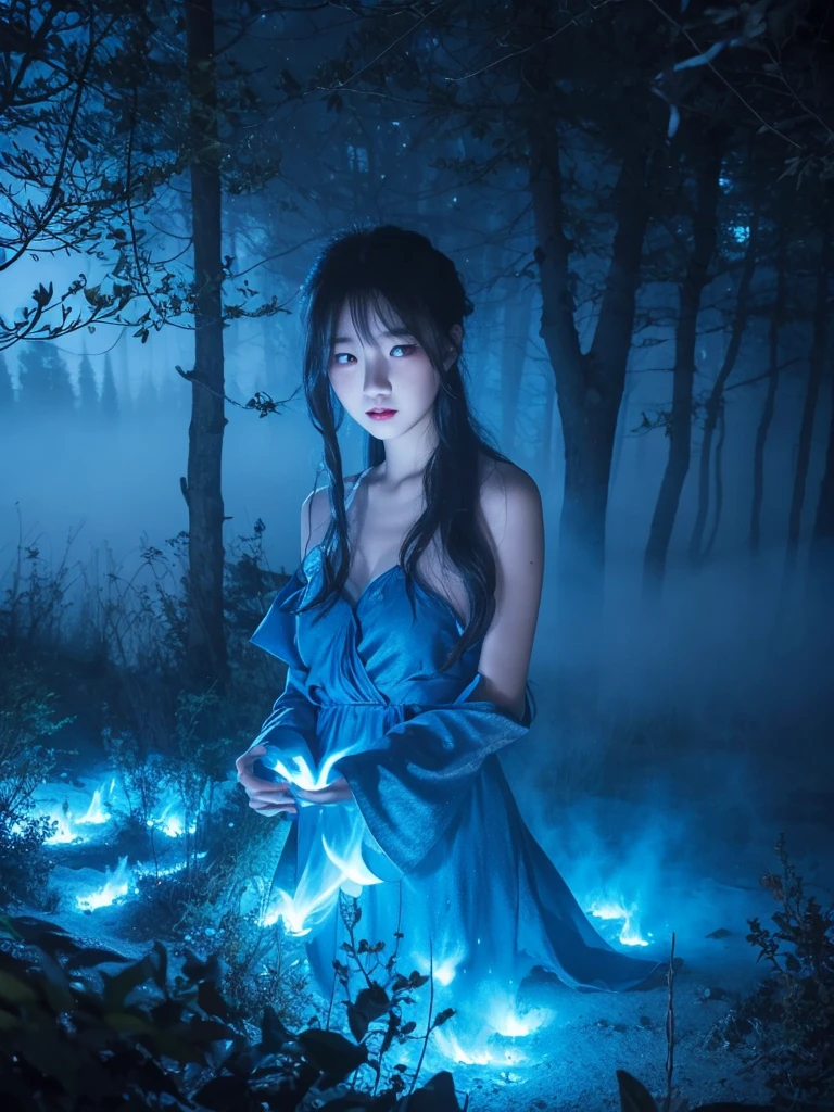 Blue Flame、ghost、Dark Forest、night、深night、Red eyes、Apparition、mysterious、lake、Foggy、turn around、spirit、Illusion、woman、turn around、Hair fluttering in the wind、