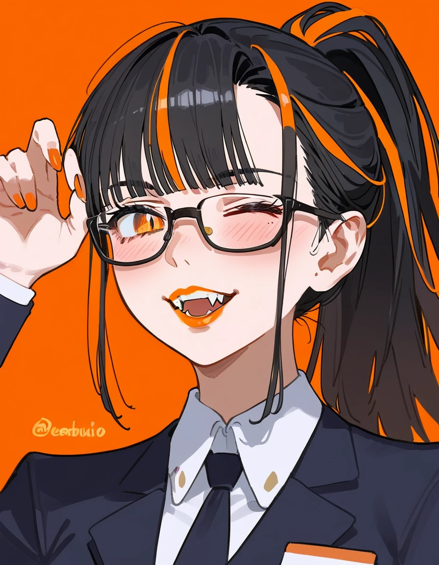 masterpiece, best quality, score_9,1older woman,orange lipstick,secretary outfit,siren glasses,mole,ponytail,orange and black hair,black hair,orange streaks,fangs,1woman,high quality,detailed,wink,blush,pfp,orange background