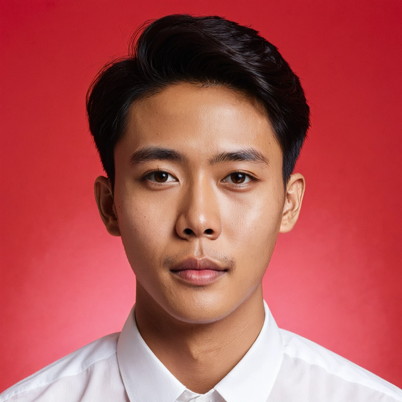 formal photo with red background, a 25 year old man with an Indonesian face, oval face, short side parted hair style, thin body, wearing a white shirt 