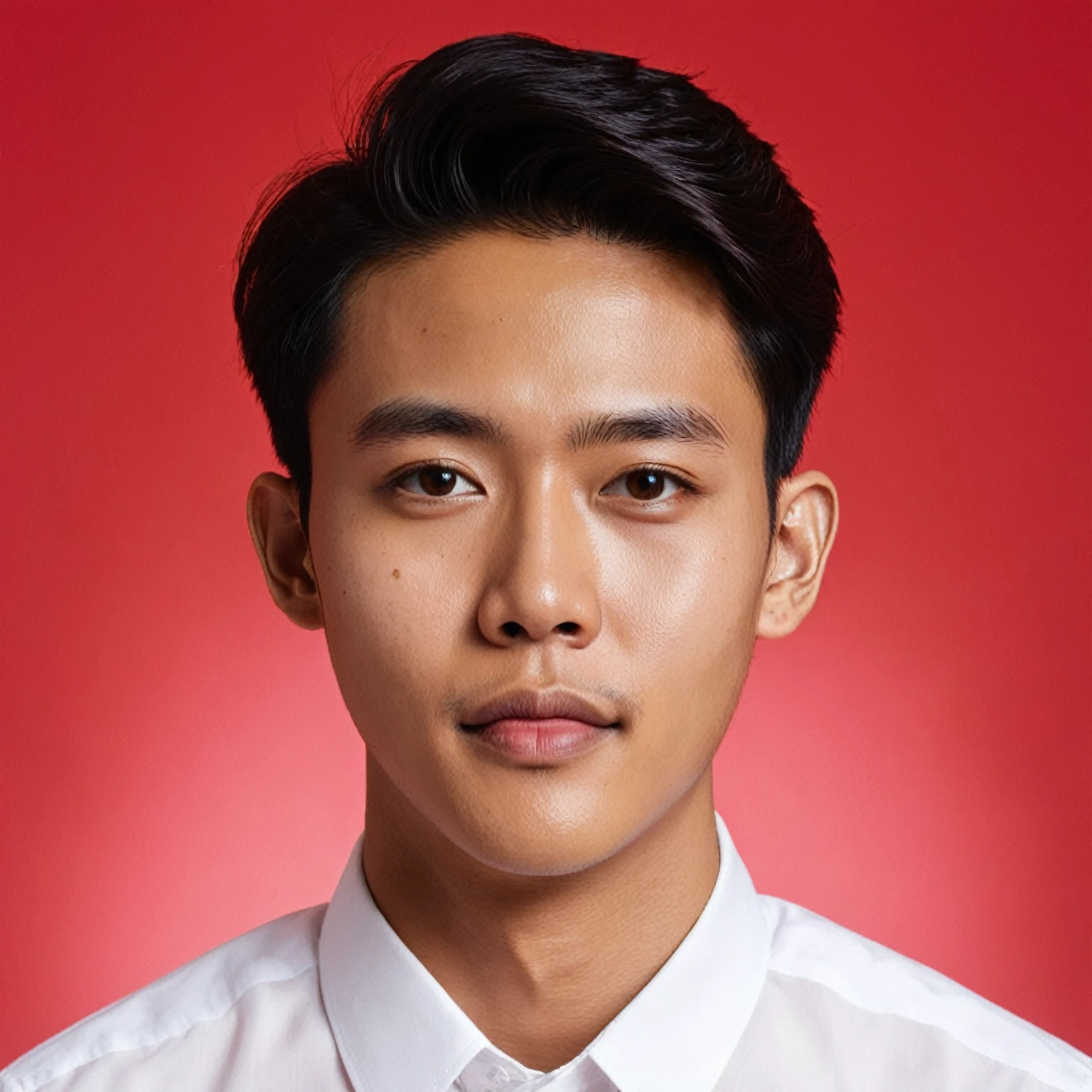 formal photo with red background, a 25 year old man with an Indonesian face, oval face, short side parted hair style, thin body, wearing a white shirt