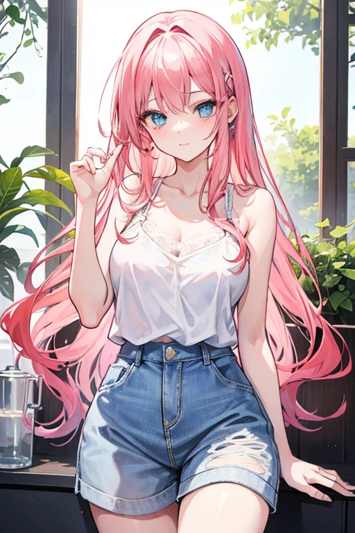 Stella, an 18-year-old girl, artist and idol, 160 cm tall, is an Australian girl with a good figure, long curly pink hair, blue eyes, white skin, a pretty face, looks cheerful. Wear a white lace tank top and light blue jeans.