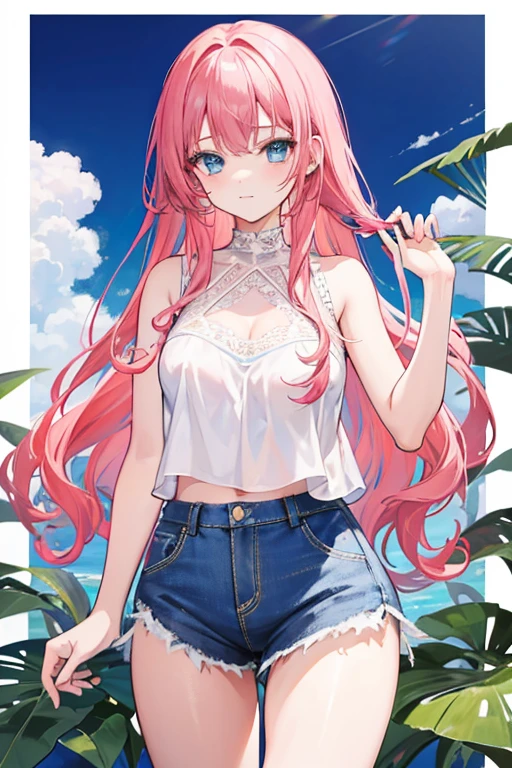 Stella, an 18-year-old girl, artist and idol, 160 cm tall, is an Australian girl with a good figure, long curly pink hair, blue eyes, white skin, a pretty face, looks cheerful. Wear a white lace tank top and light blue jeans.
