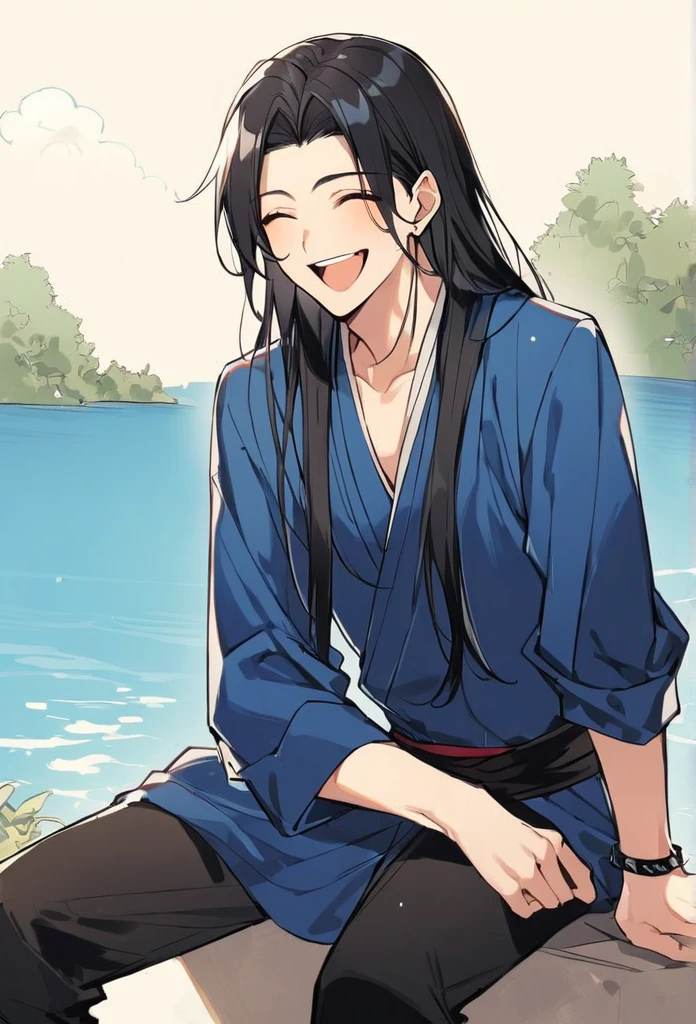 oriental man，sitting by the lake，One wearing blue clothes，One wearing black clothes，All have long straight black hair，Laughing。