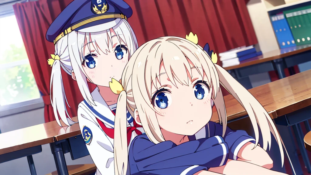 Extremely detailed great image quality 1 white-haired girl with ribbon decorations on her head, blue eyes at school navy blue miniskirt Women with white stockings at home