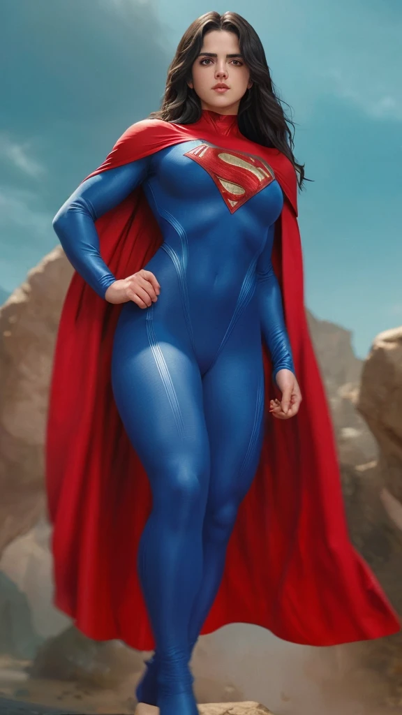 A highly detailed, muscular, and strong female superhero with long black hair and blue eyes, Laura Marano wearing a blue bodysuit with a red cape, posing and flexing her big, bulging biceps, photorealistic, cinematic lighting, 8k, best quality