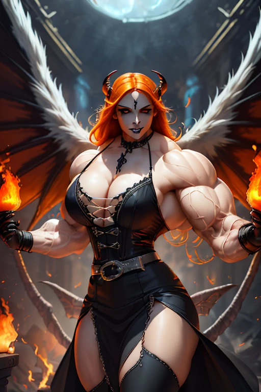 (((((Massive, beautiful, buff, pale white skinned muscular woman with demon wings, orange hair, black lipstick, ginormous bulky muscles, behind fire and wearing a gothic blouse with long gothic skirt))))), (close view), (massive muscles), (hyper muscle), long shaggy hair, ((gothic blouse)), green eyes, (spiky gauntlets), (demon wings), choker, ((long black gothic skirt with gothic belt)), black high heels, (on top of a dilapidated building), (Dark and moody universe:1.3), (closed smile), night, (massive arms)