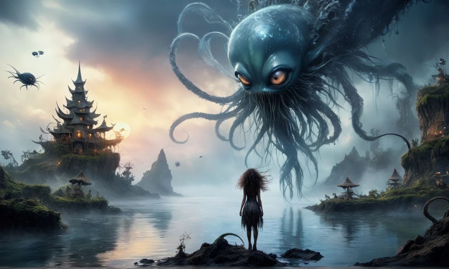 view from height,full-body-shot,obsidian The Alien Entity Moana, sassiness temper,natural jellyfish's skin textures, hyper realisitc, hyper detailed,Extremely detailed,High contrast, ,Realistic,Ultra Detailed,intricate details,realistic humid skin,extremely intricate,Epic Realistic, Romantic, cinematic style,irina yermolova, messy hair,extremely detailed, ,masterpiece,intricate details,faded,eyes extremely detailed, high detailed eyes,32k resolution, Nikon Z9,orc's village of fishers,National Forest Park,full body length,mother-of-marble,ominous landscape,floating islands on background in dangerous atmosphere,intricate details,realistic humid skin,extremely intricate details,anatomically correct,faded,eyes extremely detailed, high detailed eyes,UHD,Retina,HDR,natural skin textures, hyper realism, hyper detailed,High contrast,Realism,Ultra Detailed,irina yermolova,close full body shot, masterpiece,faded,32k resolution, Nikon Z9,sunset, a Tim Burton-inspired dreamscape,Bun Hair,(Folk clothes:1.5),full body length,niobium goblin,native africa xenomorph,once pretty face,eyebrow up,full body shot,ominous landscape,niobium gray atmosphere,photo,photorealism,Masterpiece,hyper natural skin textures, hyper realism,hyper detailed,High contrast,Realism,Ultra Detailed,irina yermolova,close full body shot,32K resolution,Nikon Z9, ,demonic, fog, smoke, audience, mist, featuring ultra-realistic and hyper-realistic elements, Marta Bevacqua, Ellen Jewett, Kawacy, Katsuya Terada, Carne Griffiths,concert lighting, bokeh, luminal space that feels both bright and surreal. Includes liquid fluid elements for added depth and movement. Rendered in an unreal engine and post-processed to achieve . Evokes a sense of dreamy, ethereal and mystical mood,horror pixar movie still,thriller disney movie ,pixar render, animated ,suicide
