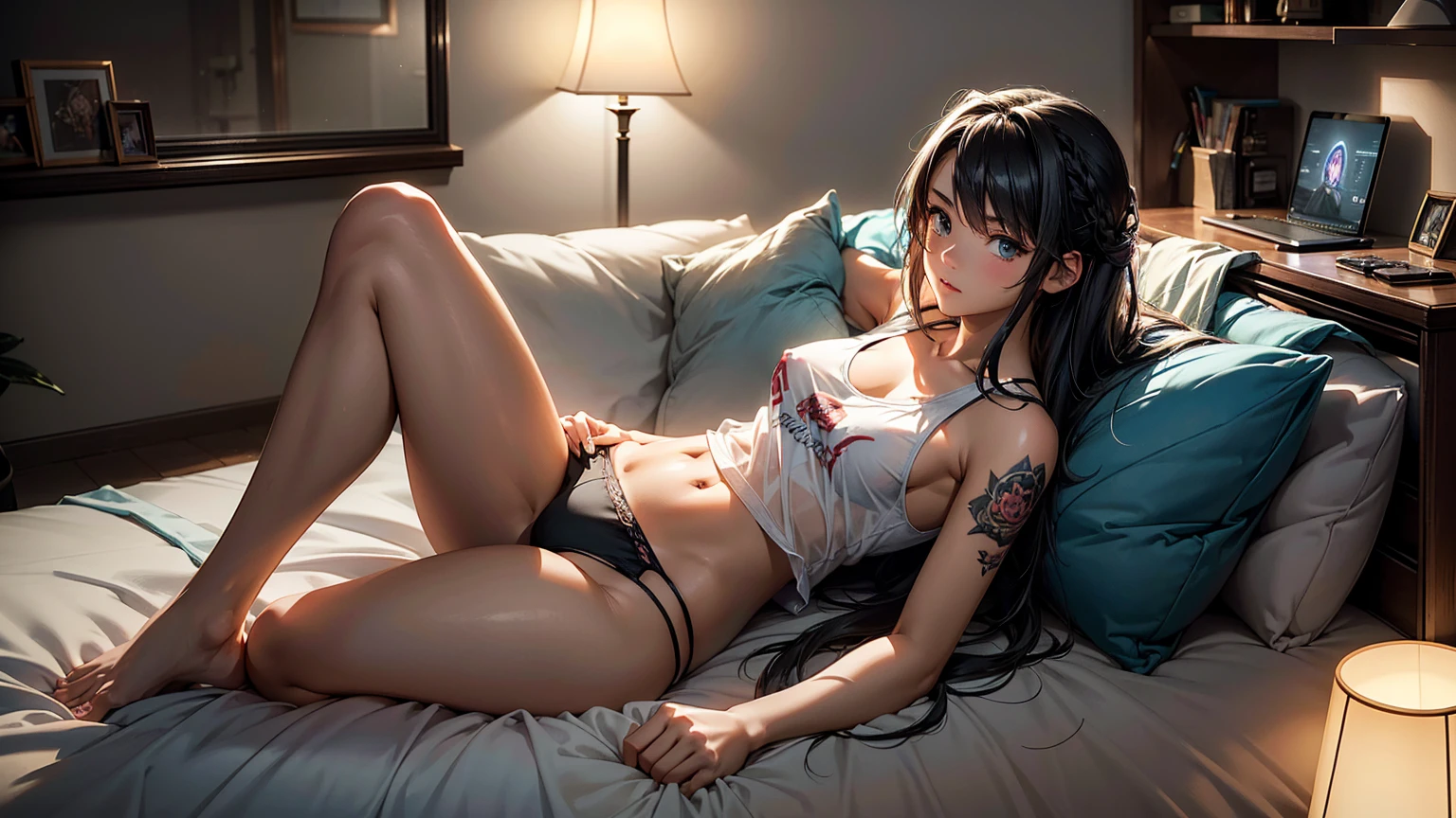Create a high-quality, detailed image of a beautiful anime gamer girl with tattoos, long hair, sitting at her gaming PC in her bedroom. She is wearing a see-through tank top, barely showing her nipples, her panties and midriff, highlighting her stunning curves. The warm, inviting scene includes soft ambient lighting and comfortable seating. The bedroom is illuminated by a small lamp, creating a serene and intimate atmosphere. Ensure the room has cozy elements like a bed with plush pillows and blankets, posters on the walls, and a few gaming accessories scattered around to enhance the ambiance.