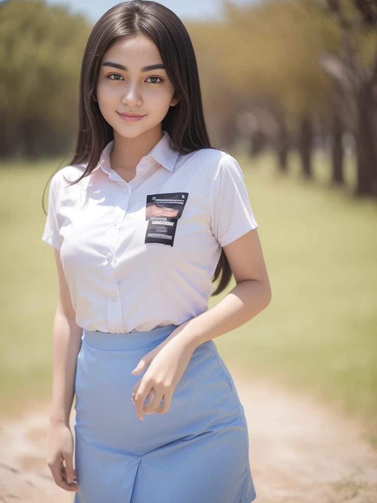 1girl, a girl in the middle of a park, 19-years-old-girl, (Indonesian_high_school_uniform), detailed face, detailed eyes,  detailed skin, looking at Viewer, clear light, (8k, RAW photo, best quality, masterpiece: 1.4), (realistic, realistic: 1.37), ultra-high resolution, photorealistic, high resolution, solo, wide muscular hips, realistic face, (detailed face), sexy pose, proportional body, full body view, show legs, sensual smile, wearing white shirt, wearing grey blue skirt, smooth skin 