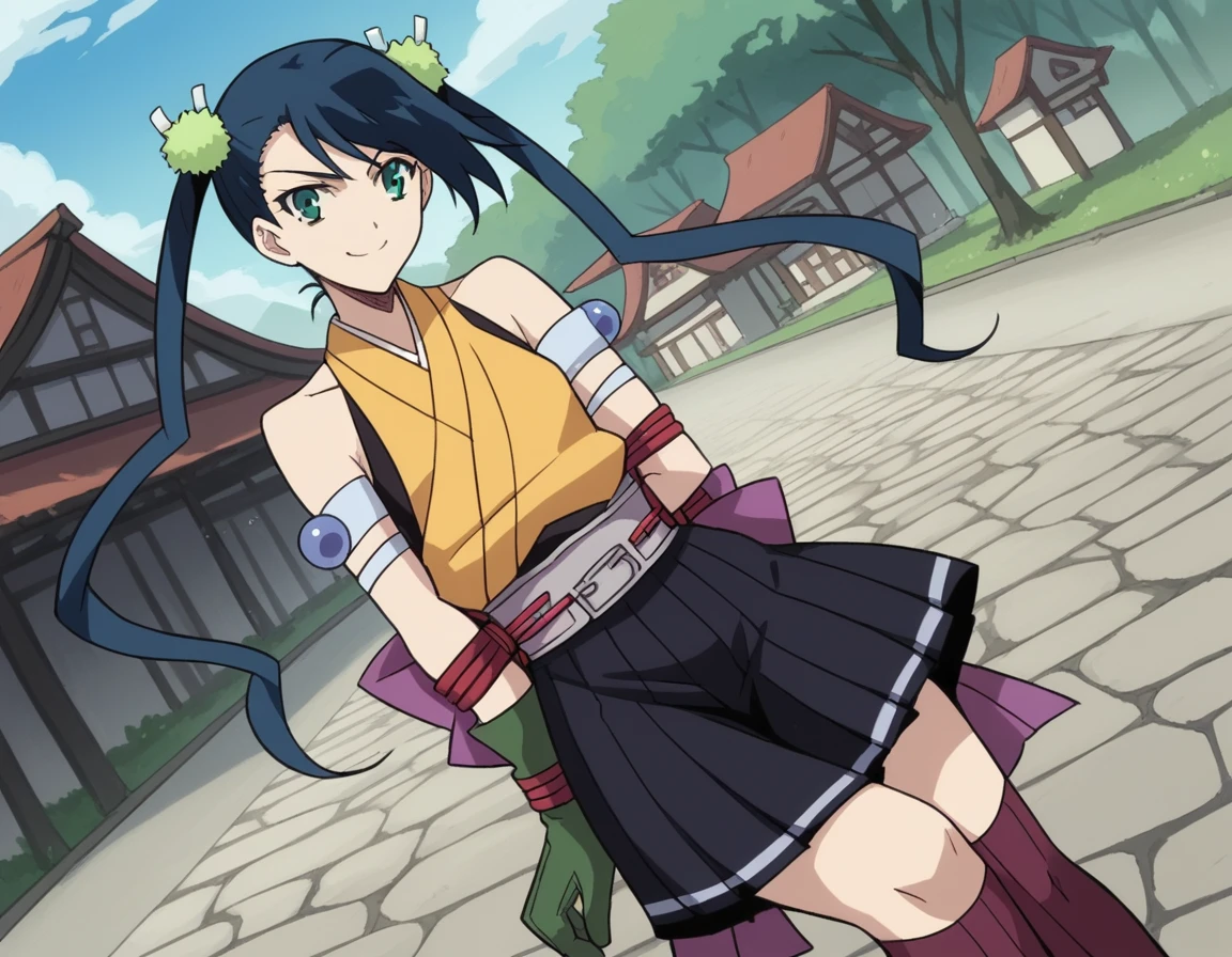 score_9, score_8_superior, score_7_superior, sauce_anime,
brazier, brazier, Long Hair, Green Eyes, Blue Hair, Twin tails, hair ornaments,
skirt, Knee socks, kimono, zettai ryouiki, Armband, purple Knee socks, belt, pleated skirt, black skirt, gloves, green gloves, Bare shoulders,
Outdoor, village, I had already finished, smile,
View your viewers, Cowboy Shot, Dutch Angle, alone,Tied up with rope,
