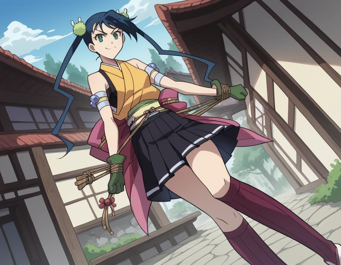 score_9, score_8_superior, score_7_superior, sauce_anime,
brazier, brazier, Long Hair, Green Eyes, Blue Hair, Twin tails, hair ornaments,
skirt, Knee socks, kimono, zettai ryouiki, Armband, purple Knee socks, belt, pleated skirt, black skirt, gloves, green gloves, Bare shoulders,
Outdoor, village, I had already finished, smile,
View your viewers, Cowboy Shot, Dutch Angle, alone,Tied up with rope,