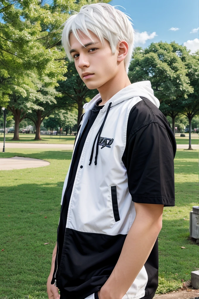 White hair, teenage boy, park background, anime style, 