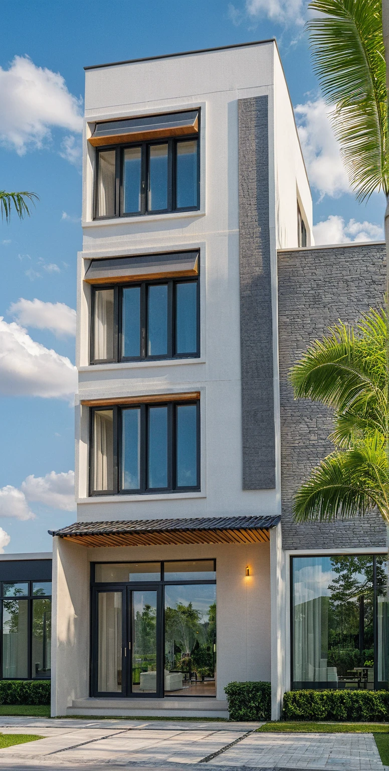 Masterpiece, high quality, best quality, 3d rendering, super detailed, outdoor, two-story villa, aiaigroup, modern house style on the street, road, minimalist, sidewalk, grass, trees, sky, clouds, (daylight: 1.1)
