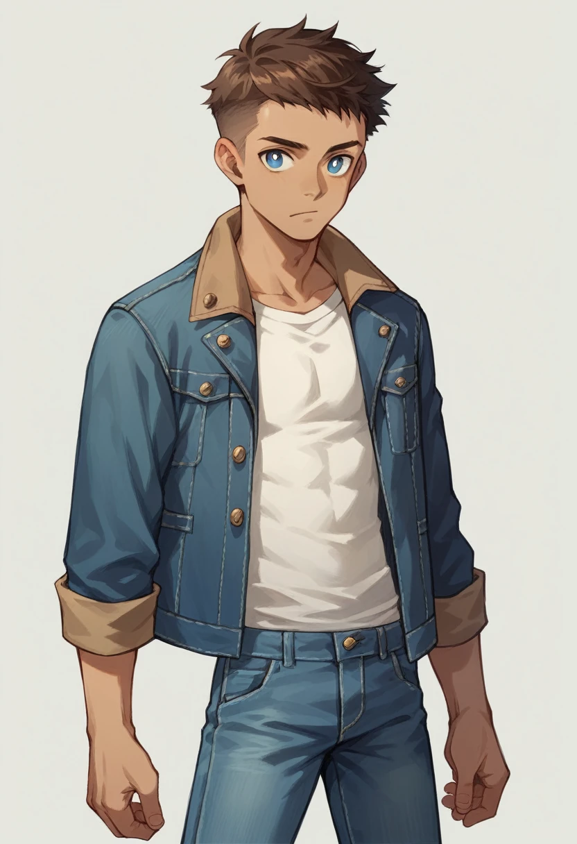  Human Male Young adult, clear skin , Brown fade hair Style , blue pupils, wearing Pants , wearing Denim Jacket , 