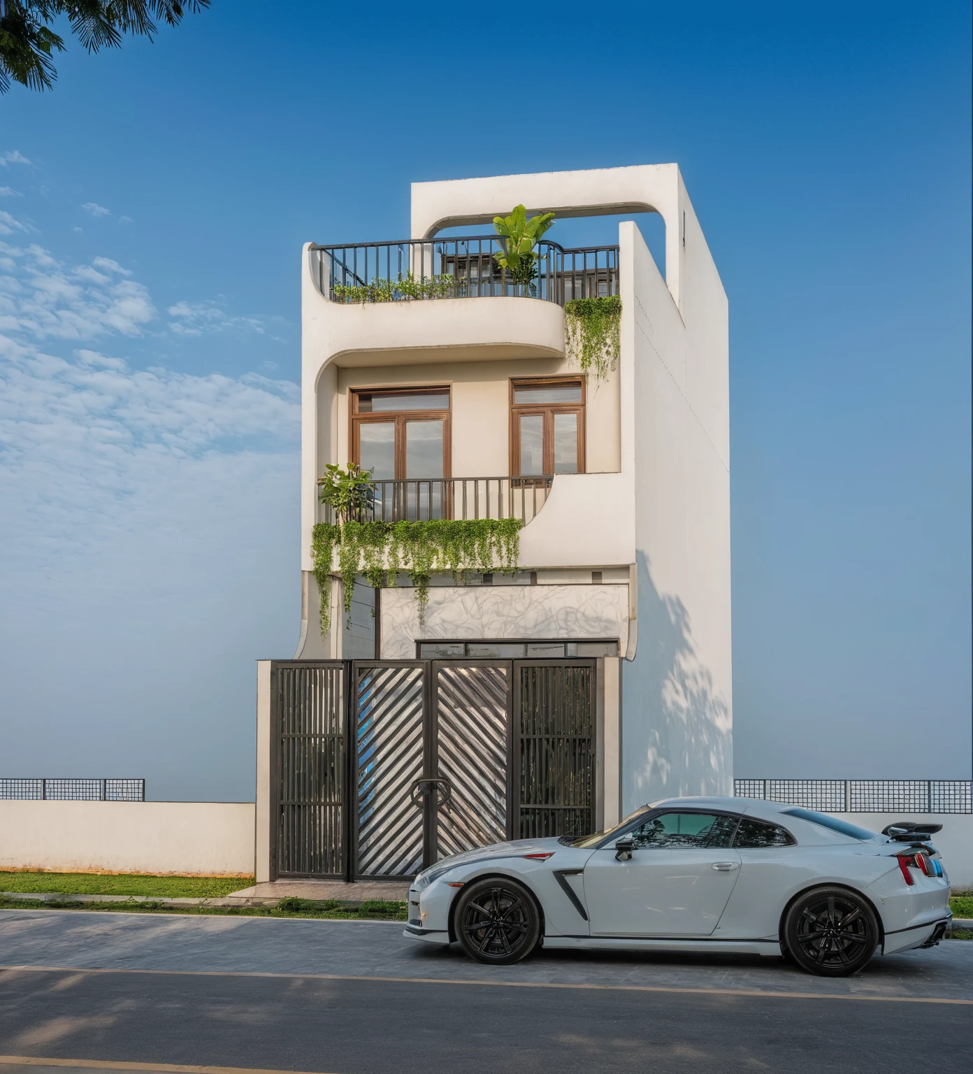 RAW photo , A white minimalism woodandwhite modern house with a double story and simple architecture, surrounded by trees in the yard of Vietnam, featuring a black metal gate and fence, landscape design, natural light, clear sky, blue background, high resolution photography, architectural photography, architectural appearance. The building has square windows made from white ceramic tiles, while the walls feature grid designs, There is also an entrance to another home nearby in the style of architectural photography, road, sidewalk, sidewalk trees, 8k uhd, dslr, soft lighting, high quality, film grain, Fujifilm XT3