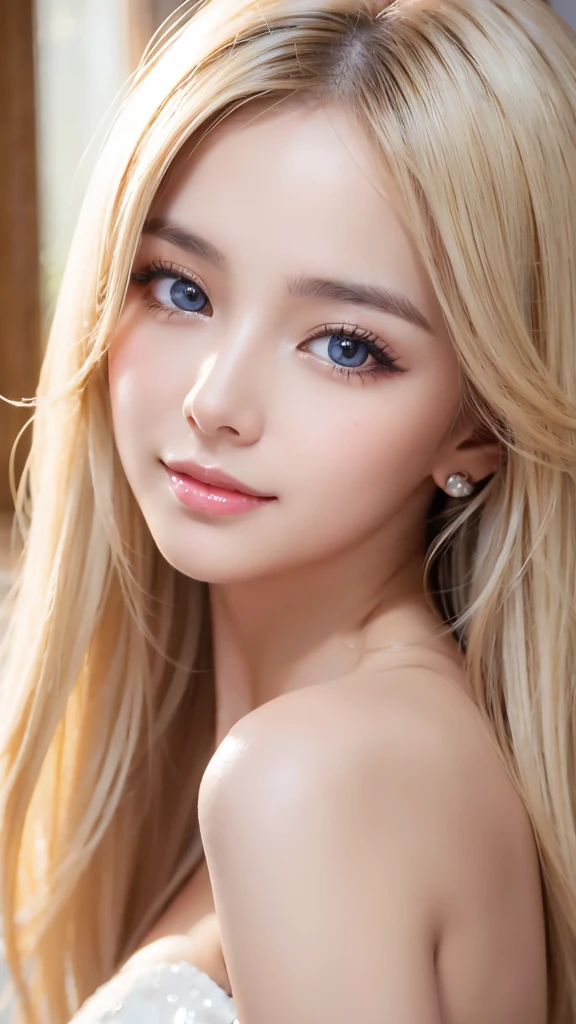 Extraordinary sexy beauty、Beautiful calm and bright expression、Sexy and refreshing look、Long bangs cover the eyes、Bangs that cover the face、Perfect beautiful face、#100: Extra Long Shiny Blonde Silky Straight Hair、Beautiful face and blonde hair、Very large light blue eyes、Very big eyes、The skin is so white, younger, Brighter skin、More shiny、Glossy surface、Blush、Cheek highlight、Very cute, beautiful and sexy little woman、如此Perfect beautiful face、Beautiful cute eyes、Small face beauty、Round Face、((front Photo:1.6))