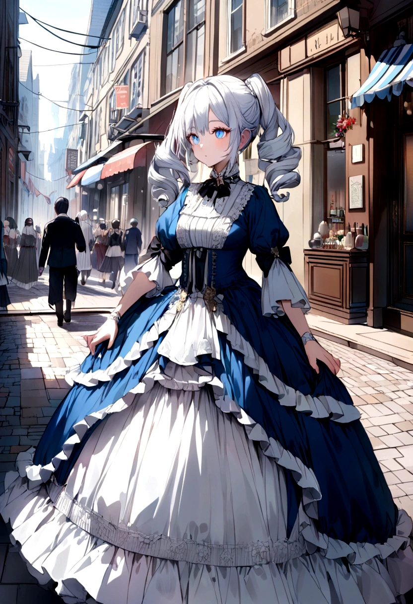 white color hair，Double ponytail curls，blue color eyes，White Lolita，Beth，A bustling city street