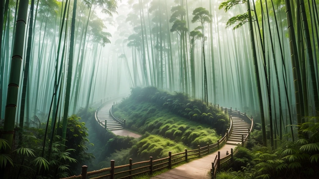 This photo depicts a small trail through a lush bamboo forest, extending deep into the mountain landscape. The high mountains are covered with thick mist, creating a magical and poetic scene. Tall, vertical bamboo trees along the path create a natural fence, contributing to enhancing the natural beauty and tranquility of the area.