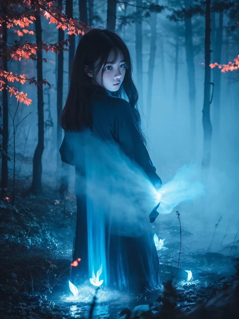 Blue Flame、ghost、Dark Forest、night、深night、Red eyes、Apparition、mysterious、lake、Foggy、turn around、spirit、Illusion、woman、turn around、Hair fluttering in the wind、Copyright circumvention、