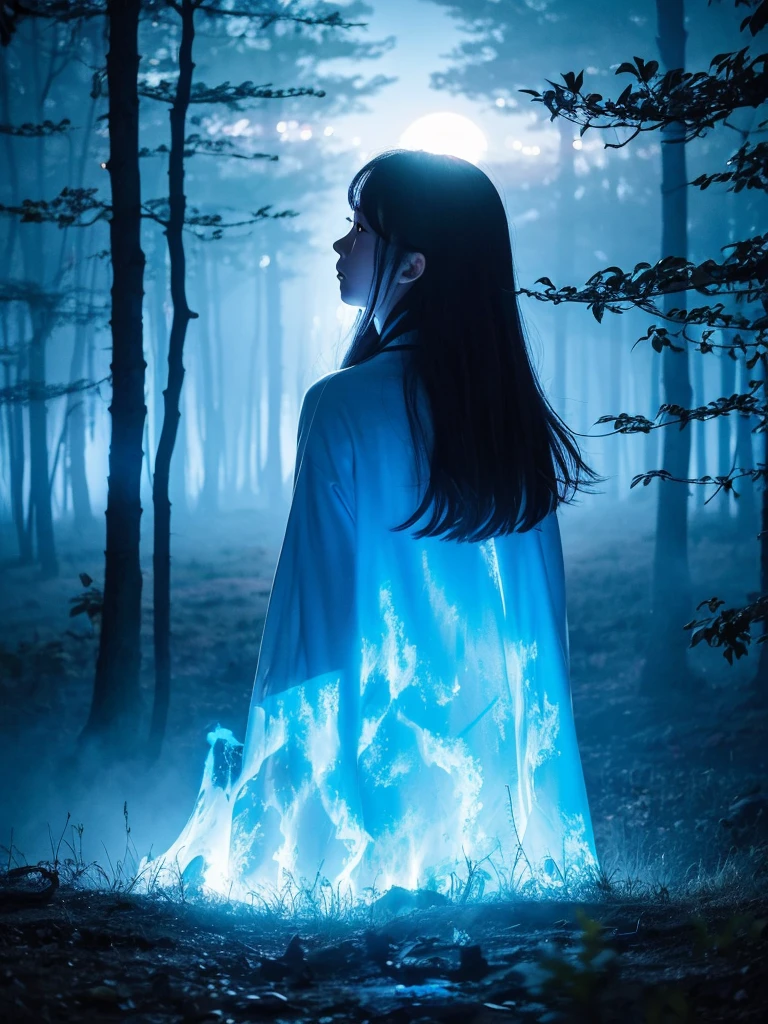 Blue Flame、ghost、Dark Forest、night、深night、Red eyes、Apparition、mysterious、lake、Foggy、turn around、spirit、Illusion、woman、turn around、Hair fluttering in the wind、Copyright circumvention、