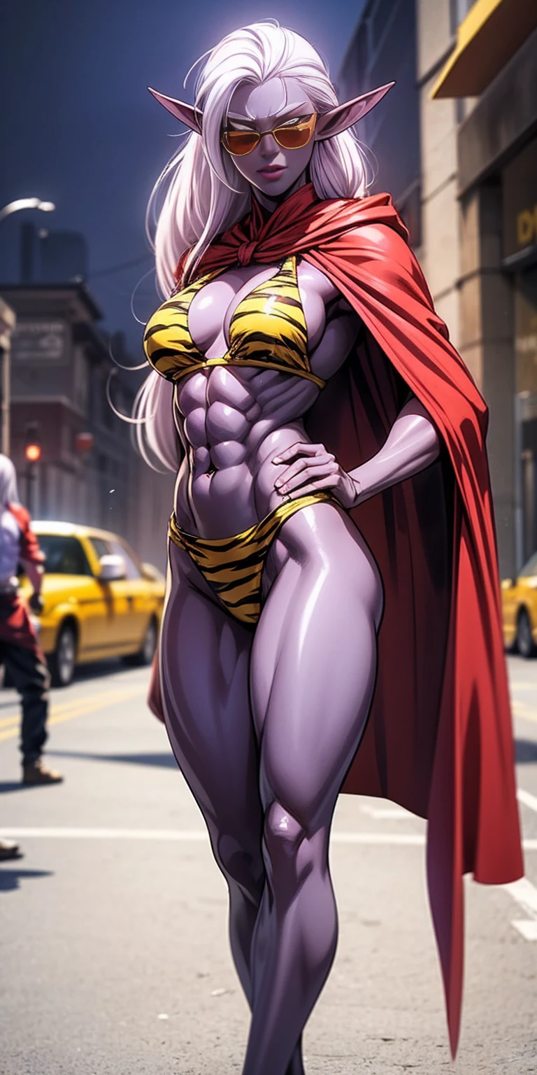 Subject:
1 Solo Female Drow Elf
Physical Description:
Purple Skin
Long White Hair
Strong Body with Abs
Shiny Skin (Ultra Quality)
Attire:
Yellow Tiger Bikini (underneath)
Red Cape (flowing)
Pose:
Standing Pose
Background:
Cinematic Street Scene (Atmospheric, 8K)
Additional Notes:
Red sunglasses