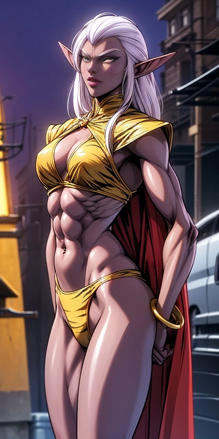 Subject:
1 Solo Female Drow Elf
Physical Description:
Purple Skin
Long White Hair
Strong Body with Abs
Shiny Skin (Ultra Quality)
Attire:
Yellow Tiger Bikini (underneath)
Red Cape (flowing)
Pose:
Standing Pose
Background:
Cinematic Street Scene (Atmospheric, 8K)
Additional Notes:
Red sunglasses