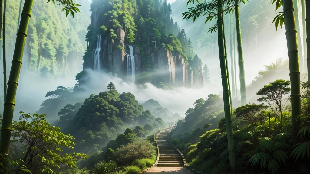 This photo depicts a small trail through a lush bamboo forest, extending deep into the mountain landscape. The high mountains are covered with thick mist, creating a magical and poetic scene. Tall, vertical bamboo trees along the path create a natural fence, contributing to enhancing the natural beauty and tranquility of the area.