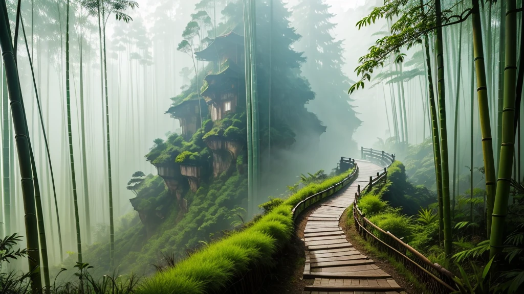 This photo depicts a small trail through a lush bamboo forest, extending deep into the mountain landscape. The high mountains are covered with thick mist, creating a magical and poetic scene. Tall, vertical bamboo trees along the path create a natural fence, contributing to enhancing the natural beauty and tranquility of the area.