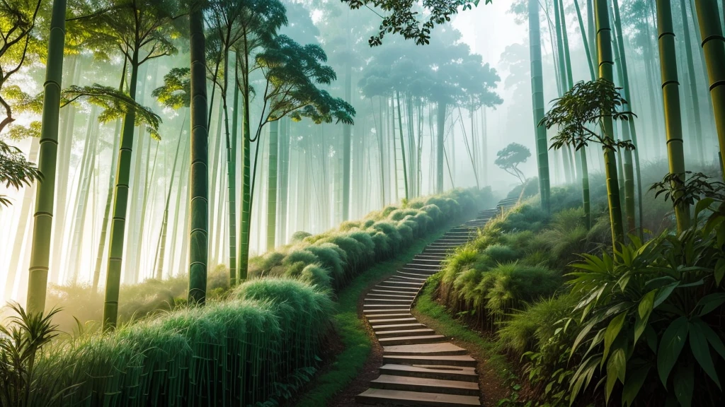 This photo depicts a small trail through a lush bamboo forest, extending deep into the mountain landscape. The high mountains are covered with thick mist, creating a magical and poetic scene. Tall, vertical bamboo trees along the path create a natural fence, contributing to enhancing the natural beauty and tranquility of the area.