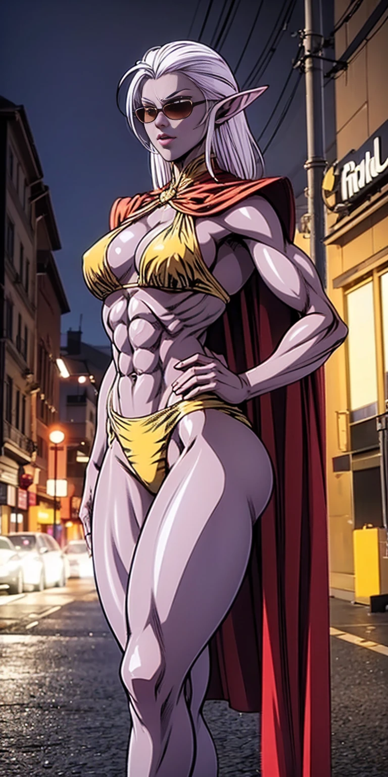 Subject:
1 Solo Female Drow Elf
Physical Description:
Purple Skin
Long White Hair
Strong Body with Abs
Shiny Skin (Ultra Quality)
Attire:
Yellow Tiger Bikini (underneath)
Red Cape (flowing)
Pose:
Standing Pose
Background:
Cinematic Street Scene (Atmospheric, 8K)
Additional Notes:
Red sunglasses