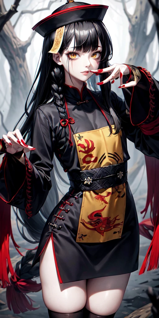 lora:flat:-1.2, masterpiece, best quality, 4k, 8k, 1 woman, solo, tall stature, long hair, blunt bangs, side braid, black hair, ugly face, bad face, bad eyes, droopy eyes, unclear eyes, ruby red eyes, lemon yellow eyes, pale skin, black eyeliner, black eye shadow, heterochromia, slender frame, sad, ofuda, jiangshi costume:1.2, fang, horror, coffin, forest, dark night, stormy weather, fog, from front, cowboy shot, look at viewer, paw pose,