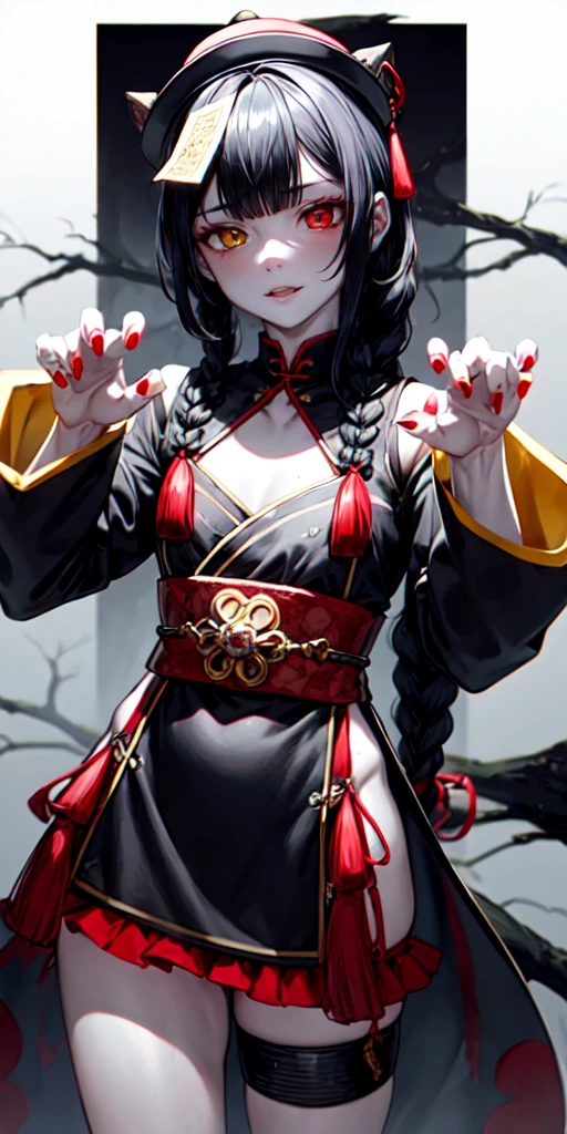 lora:flat:-1.2, masterpiece, best quality, 4k, 8k, 1 woman, solo, tall stature, long hair, blunt bangs, side braid, black hair, ugly face, bad face, bad eyes, droopy eyes, unclear eyes, ruby red eyes, lemon yellow eyes, pale skin, black eyeliner, black eye shadow, heterochromia, slender frame, sad, ofuda, jiangshi costume:1.2, fang, horror, coffin, forest, dark night, stormy weather, fog, from front, cowboy shot, look at viewer, paw pose,