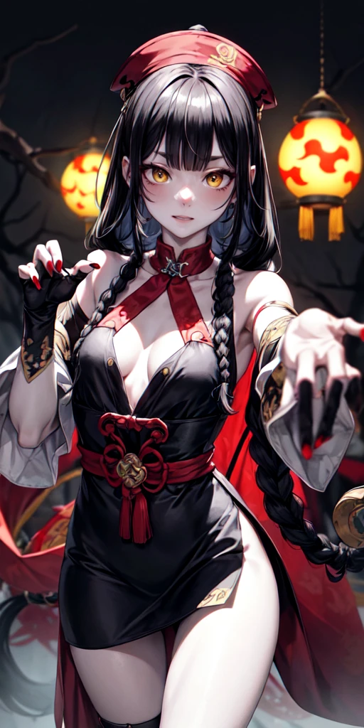 lora:flat:-1.2, masterpiece, best quality, 4k, 8k, 1 woman, solo, tall stature, long hair, blunt bangs, side braid, black hair, ugly face, bad face, bad eyes, droopy eyes, unclear eyes, ruby red eyes, lemon yellow eyes, pale skin, black eyeliner, black eye shadow, heterochromia, slender frame, sad, ofuda, jiangshi costume:1.2, fang, horror, coffin, forest, dark night, stormy weather, fog, from front, cowboy shot, look at viewer, paw pose,