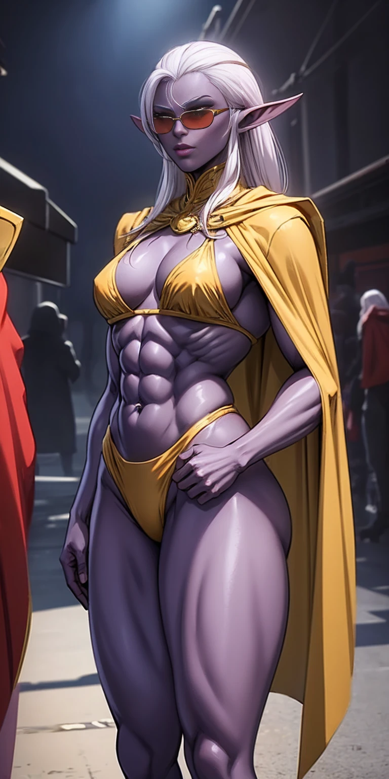 Subject:
1 Solo Female Drow Elf
Physical Description:
Purple Skin
Long White Hair
Strong Body with Abs
Shiny Skin (Ultra Quality)
Attire:
Yellow Tiger Bikini (underneath)
Red Cape (flowing)
Pose:
Standing Pose
Background:
Cinematic Street Scene (Atmospheric, 8K)
Additional Notes:
Red sunglasses