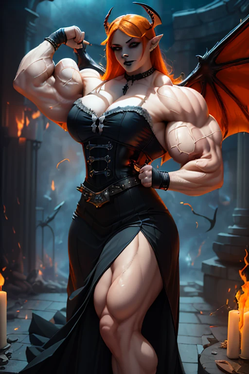 (((((Massive, beautiful, buff, pale white skinned muscular woman with demon wings, orange hair, black lipstick, ginormous bulky muscles, behind fire and wearing a gothic blouse with long gothic skirt))))), (close view), (massive muscles), (hyper muscle), long shaggy hair, ((gothic blouse)), green eyes, (spiky gauntlets), (demon wings), choker, ((long black gothic skirt with gothic belt)), black high heels, (on top of a dilapidated building), (Dark and moody universe:1.3), (closed smile), night, (massive arms)