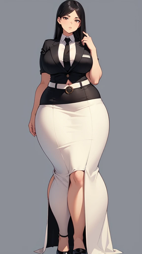 blank background, (((full body))), (masterpiece), ((best quality)), ((tall girl)), straight hair (curvy:1.6), (short skirt), shoes, belt below navel, black hair, (black suit and tie), wide hips