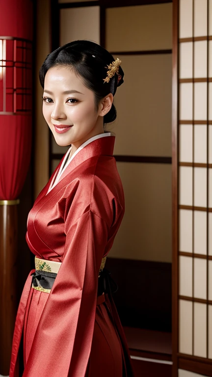 Zhang Ziyi dressed in sexy Japanese traditional clothes and smiling