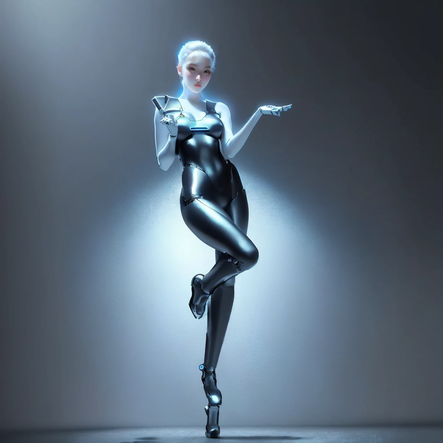 best quality, 1080P, Masterpiece, Ultra high resolution, realistic, ultra realism, Realistic skin texture, Extreme skin detail, DSLR, Detailed eyes, Double eyelids, very beautiful face, Concise facial structure, Gorgeous Asian woman, Pale skin, Realistic skin texture, Extreme skin detail, oc render reflection textures, Realistic light and shadow, Single picture, alone, Age 20, Height 165, naked girl, nude, no underwear, {{A girl with the body of a mechanical robot., The mechanical cervix is attached to the neck., beautiful breasts, White mechanical shoulder armor on both sides., elbow with mechanical joint, White mechanical hip armor on both sides with a circular blue neon light in the middle., flat stomach, perfect robot arm, perfect robot legs, Balanced slender body,full body view, Whole body photo.}}
