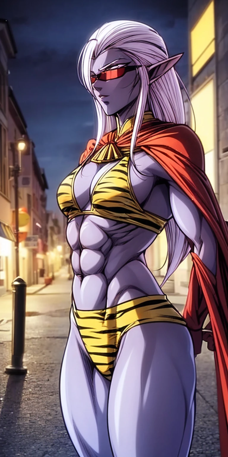 Subject:
1 Solo Female Drow Elf
Physical Description:
Purple Skin
Long White Hair
Strong Body with Abs
Shiny Skin (Ultra Quality)
Attire:
Yellow Tiger Bikini (underneath)
Red Cape (flowing)
Pose:
Standing Pose
Background:
Cinematic Street Scene (Atmospheric, 8K)
Additional Notes:
Red sunglasses