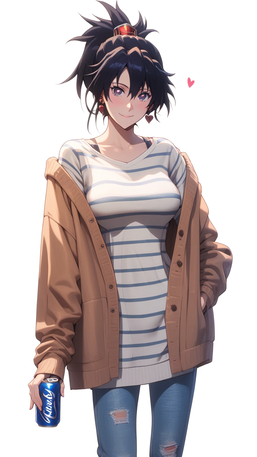 (asura art style:0.7), score_9, score_8_up, score_7_up, score_6_up, bambietta, long hair, hair between eyes, bangs, (black hair:1.3)pin, BREAK (masterpiece:1.2), best quality, high resolution, (beautiful detailed eyes:1.3), perfect lighting, (perfect hands, perfect anatomy), hearts, pleasured, large breasts, sagging breasts, 1girl, solo, pants, striped clothes, striped shirt, can, white background, simple background, earrings, jewelry, hand in pocket, jeans, looking at viewer, blush, beer can, shirt, holding, open clothes, holding can, denim, jacket, drink can, casual, sweater, breasts, smile, brown jacket, alternate costume, long sleeves, off shoulder, blue pants, cardigan