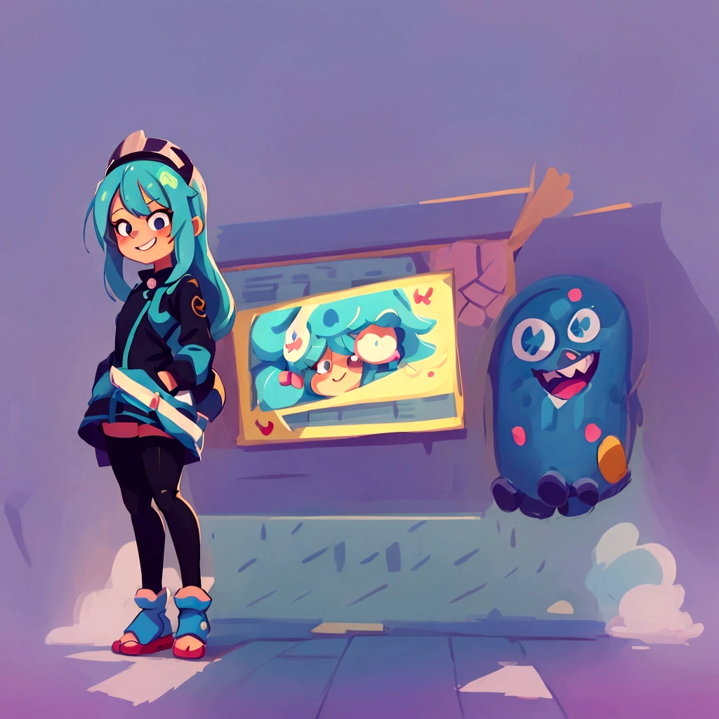 a cartoon drawing of a girl with blue hair and a helmet, Anime, 2D anime style, cel - shaded art style, плоская заливка anime style, anime style, [[[[grinning evilly]]]], Cellular!!!, sai drawing tool!! blue, anime style, chibi